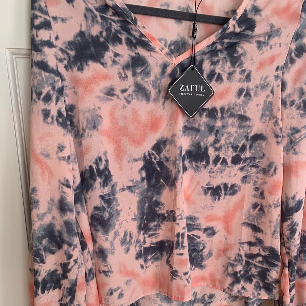 Pink Blue Tie Dye V Neck Long Sleeve Blouse Pullover Women's Medium